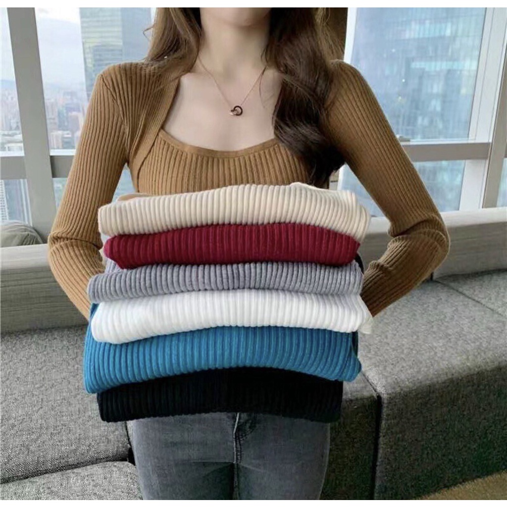 Áo len tăm dáng ôm cổ vuông phá cách phong cách Hàn Quốc kiểu ulzzang | BigBuy360 - bigbuy360.vn
