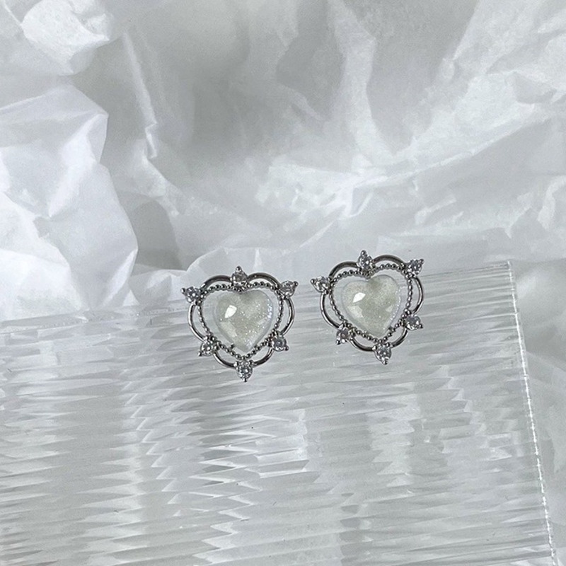 Khuyên Tai Hình Trái Tim Đính Ngọc Trai Phong Cách retro Hàn Quốc