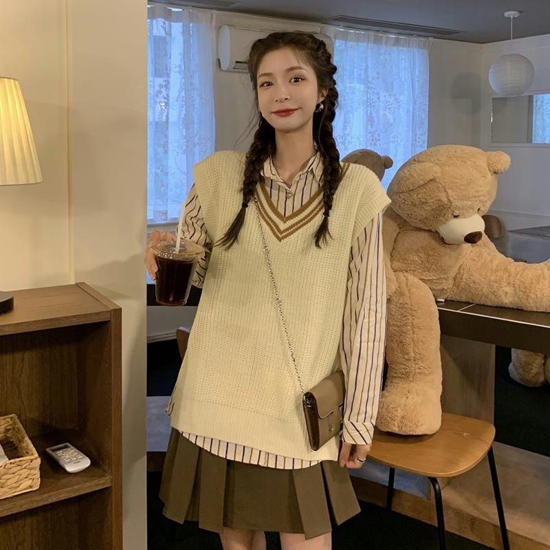 Set Áo Len Không Tay Họa Tiết Kẻ Sọc Kèm Áo Khoác Ngoài Thời Trang Cho Nữ