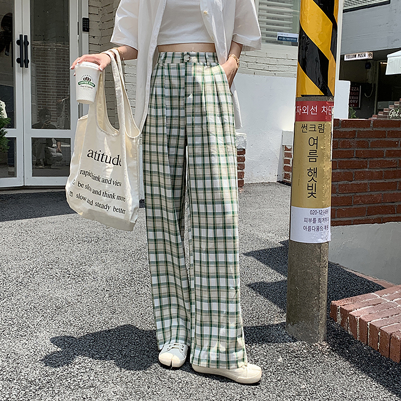 43497 New style plaid high-waist straight-leg casual pants trousers