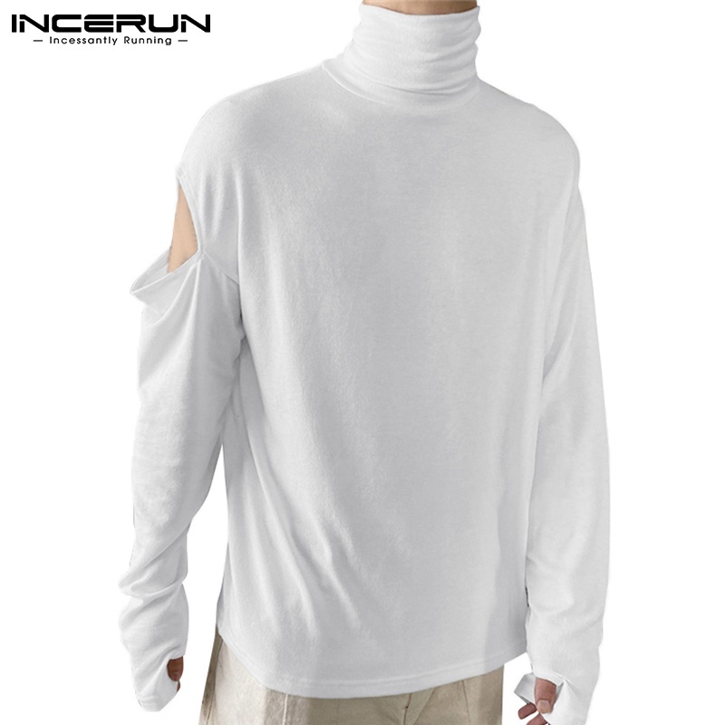 Áo thun INCERUN cổ lọ tay dài khoét lỗ thời trang mùa xuân cho nam