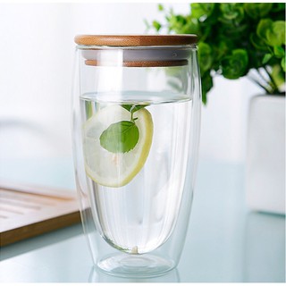 Ly thủy tinh chân không 2 lớp giữ nhiệt nắp gỗ 450ml