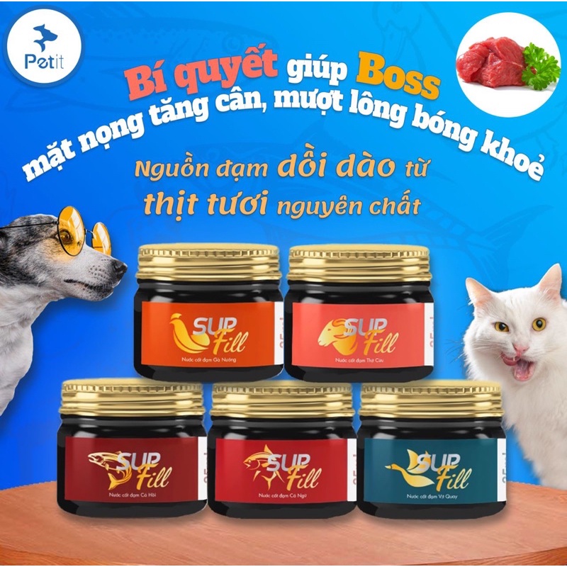 Nước cốt đạm SUPFILL cho mèo, chó dưỡng lông, tăng nọng - Protein từ thịt tươi cho Chó Mèo kén ăn, chậm tăng cân