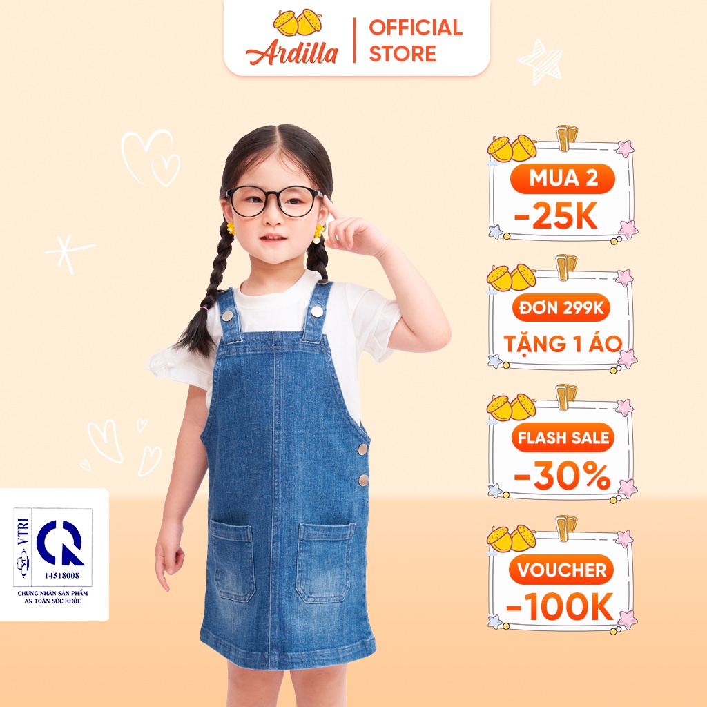 Váy Yếm Denim Jean Bé Gái ARDILLA Từ 2-15 Tuổi, Thiết Kế Rộng Rãi, Thoải Mát, Chất Liệu Vải Cotton Mềm Mại AA9201Y