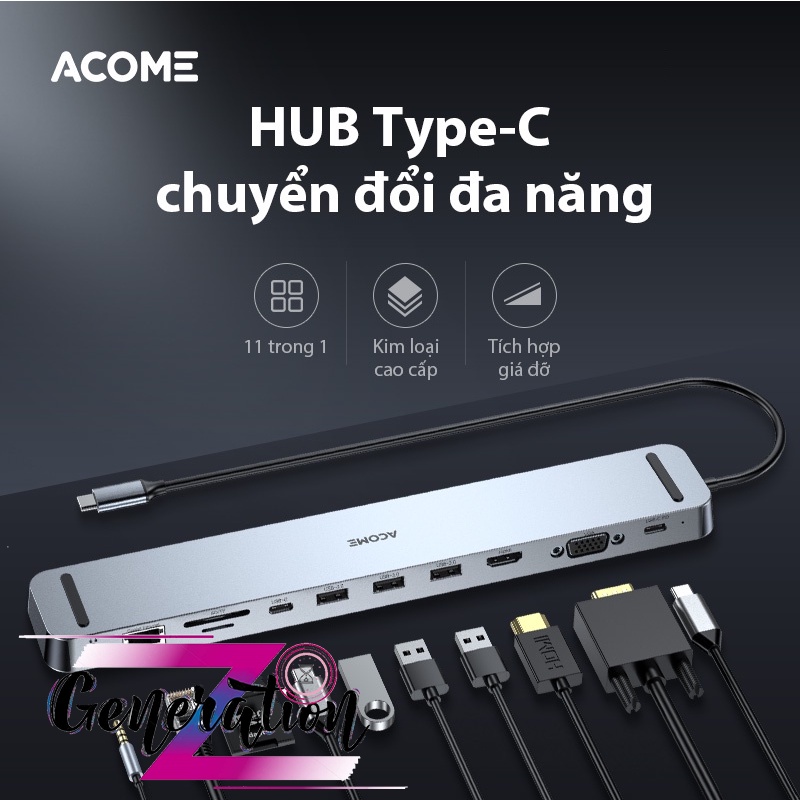 Bộ chuyển USB Type-C ra 11 cổng - Bộ Chuyển Đổi Đa Năng 11 IN 1 Tốc Độ Cao Cổng USB, SD/Micro, PD Type-C Acom