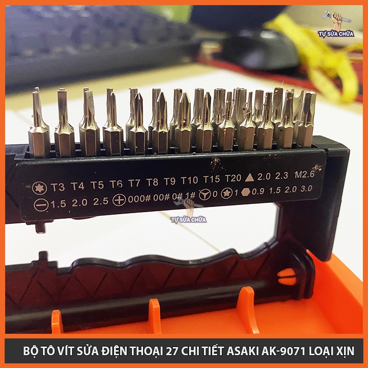 Bộ tô vít sửa điện thoại 27 chi tiết chính hãng Asaki AK-9071, đầy đủ các mũi vít, mở được tất cả các loại ốc vít