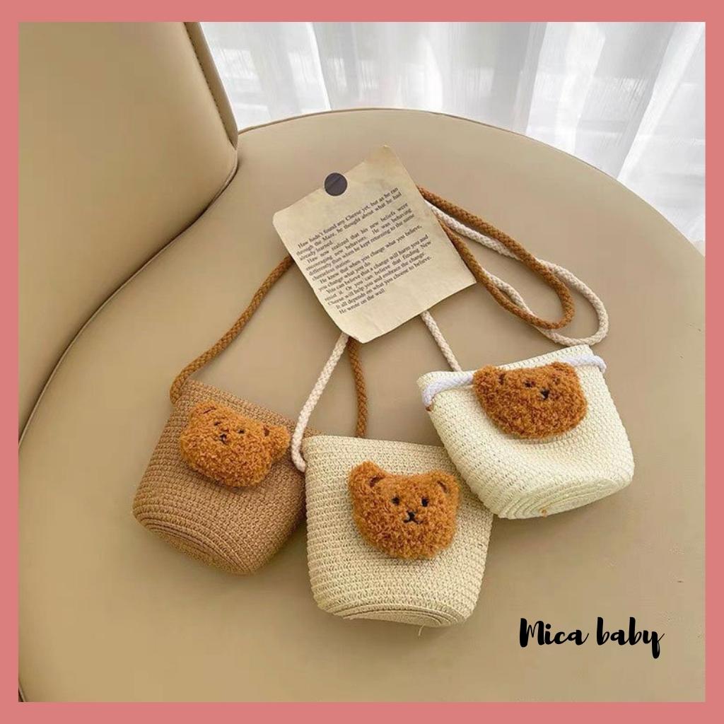 Túi cói đeo chéo đính gấu bông xù cực dễ thương cho bé TC10 Mica Baby