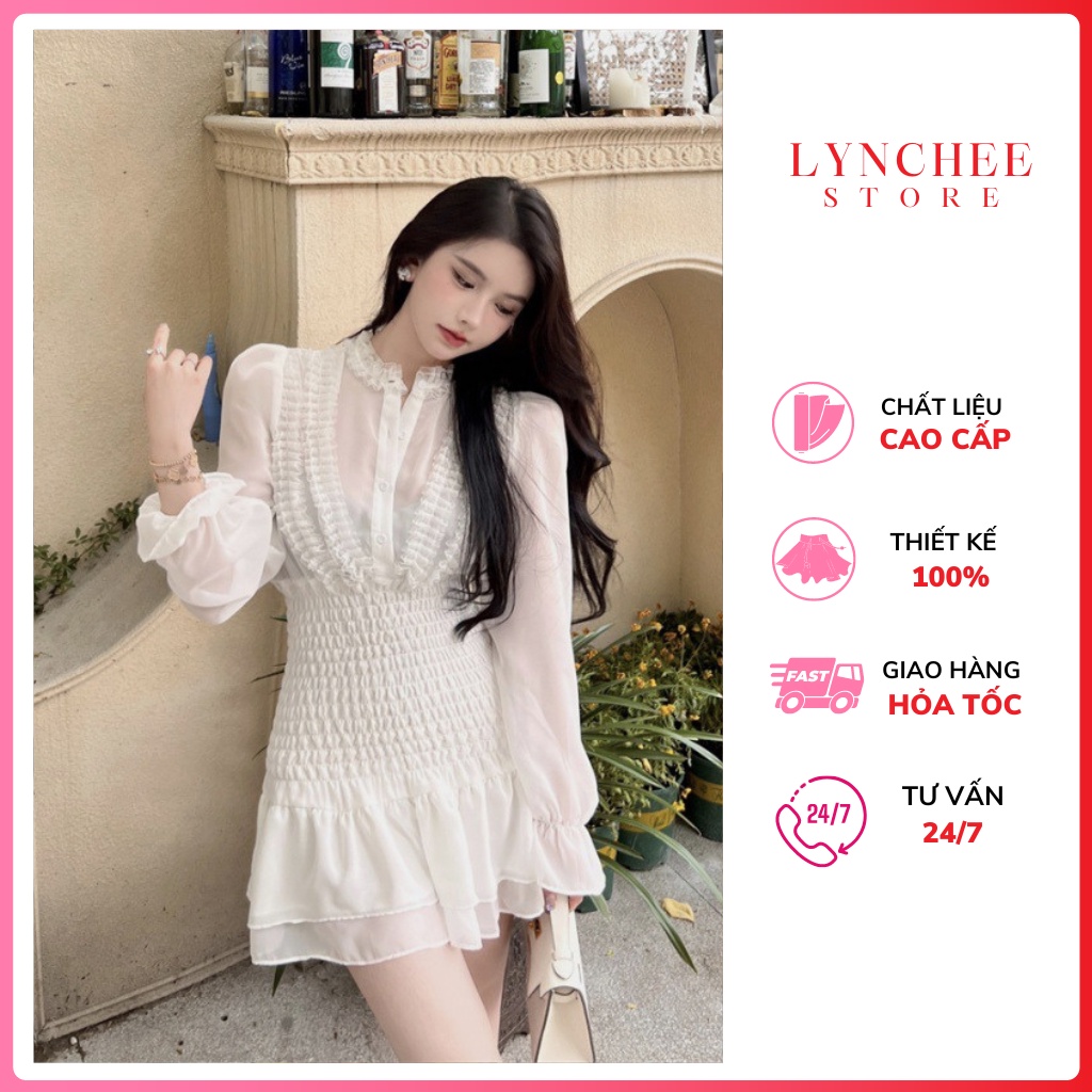 Váy trắng dự tiệc tay dài phối chun eo - Đầm trắng nữ tiểu thư babydoll sang chảnh -Lynchee Shop