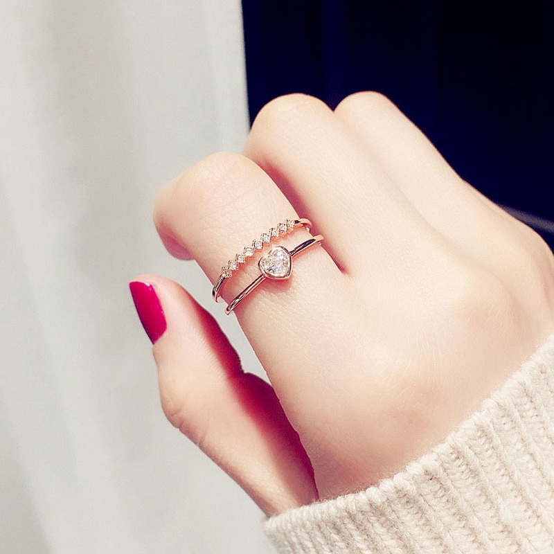 Nhẫn Nhiều Lớp Hình Trái Tim Pha Lê Trái Tim Lấp Lánh Điều Chỉnh Được Phong Cách Hàn Quốc Phụ Kiện