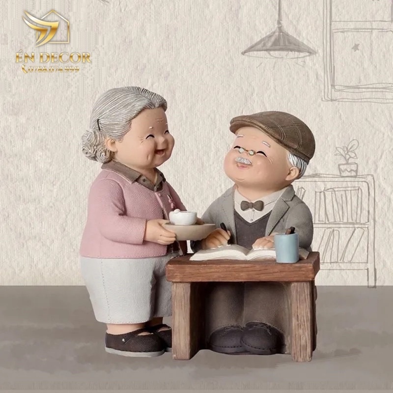 Tượng Ông Bà, Trang Trí Phòng Khách, Phòng Ngủ, Ông Bà Già Hạnh Phúc, Én Decor