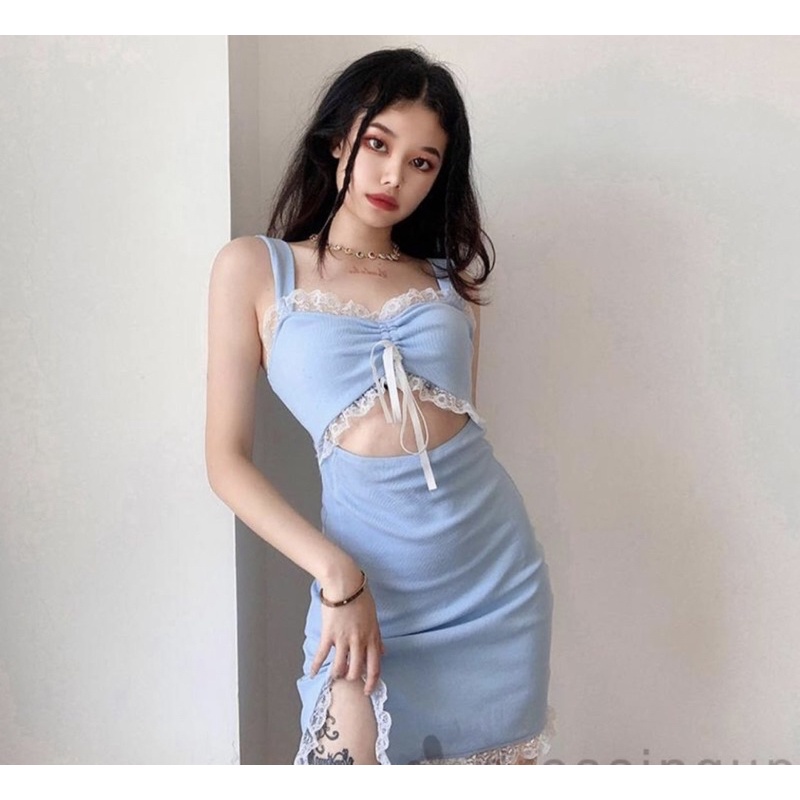 Đầm hai dây kiểu ngắn nữ phối ren thun gân cut out khoét eo xẻ tà ôm sát body trơn - Order taobao quảng châu