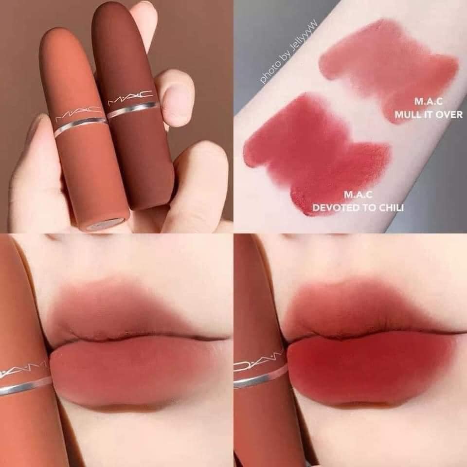 Son Mac Limited Powder Kiss Lipstick, Devoted Chili, Mull It Over, Ruby Woo, Son chính hãng full size