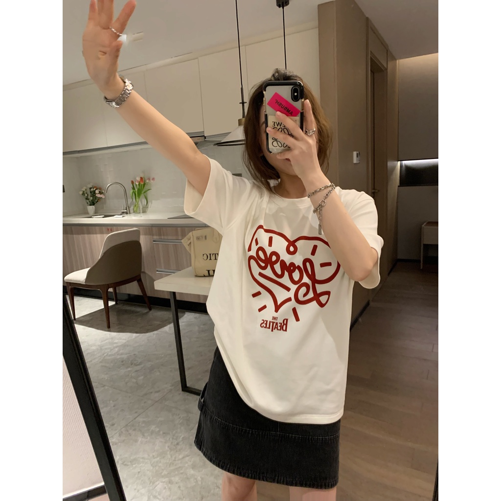 Áo Thun Ngắn Tay Cổ Tròn In Họa Tiết Đơn Giản Thời Trang Hàn Quốc Cho Nữ