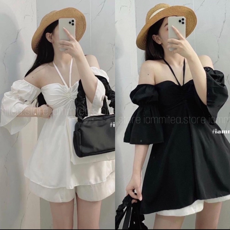 Áo Trễ Vai Tay Bồng Dáng Xòe Chữ A Rút Dây Giữa Ngực Tiểu Thư So Cute | BigBuy360 - bigbuy360.vn