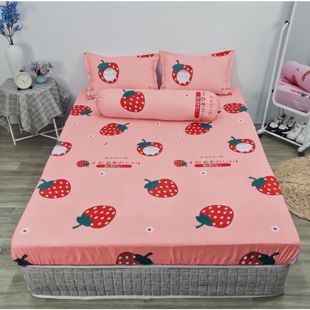 Bộ ga gối,ga chun boc đệm 3 món 1m4x2m 1m5x2m,gồm 1 ga 2 vỏ gối nằm,nhiều mẫu hot, mẫu dâu tây hồng