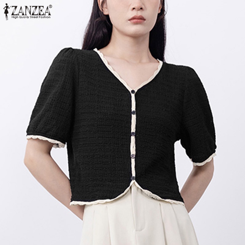 Áo ZANZEA tay phồng cổ chữ V màu tương phản phối viền ren có nút cài phong cách Hàn Quốc ngọt ngào cho nữ