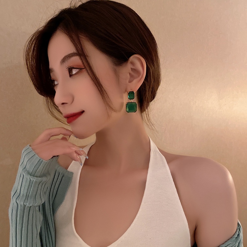 Hoa tai Etrendy hình vuông đính pha lê thủy tinh màu xanh lá cây phong cách Hàn Quốc thời trang