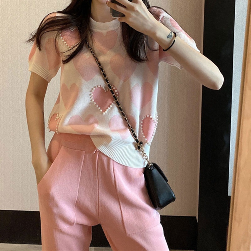 Áo Crop Top Dệt Kim Tay Ngắn Cổ Tròn In Họa Tiết Trái Tim Đính Ngọc Trai Giả Dễ Thương Thời Trang Cho Nữ