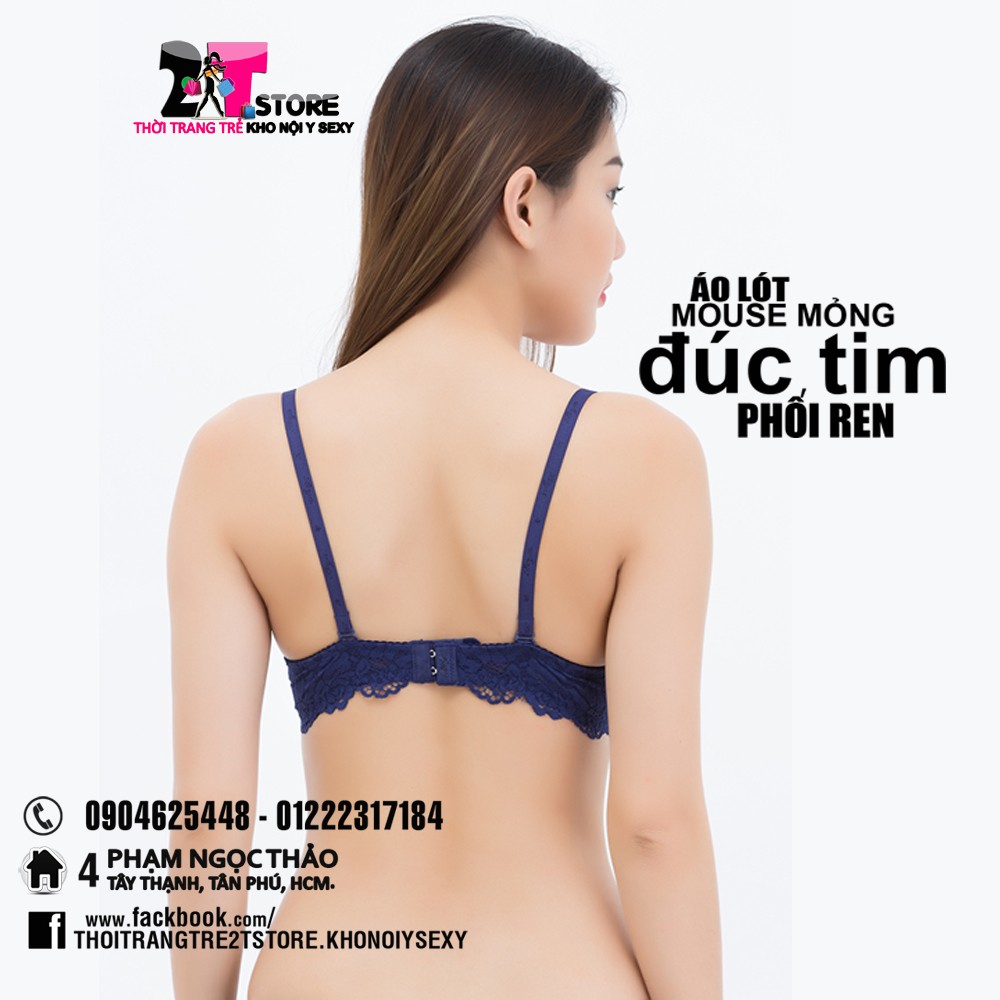 Áo Nâng Ngực Mouse Mỏng Đúc Tim Phối Ren (Xanh Dương)
