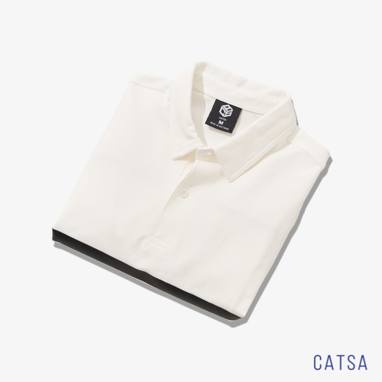Áo polo nam trắng in phối sọc chất liệu thun cotton co giãn 4 chiều, thấm hút mồ hôi CATSA ATP241