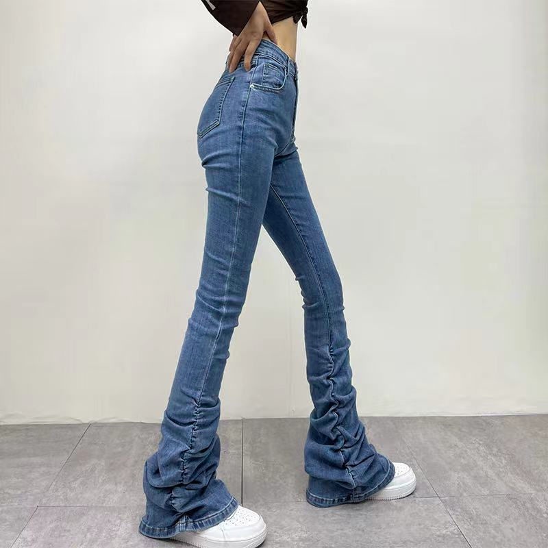European and American Millennium hot girls pleated pile pants leg slimming horn jeans autumn high waist denim mop pants Youy