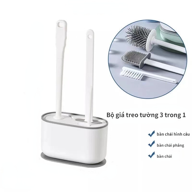 Bộ chổi cọ vệ sinh toilet gắn tường | Cọ bồn cầu bàn chải silicon mềm mại lau sạch mọi ngóc ngách, vết bẩn-Ahome