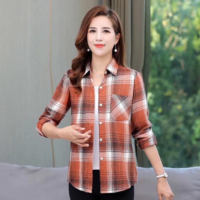 Áo Sơ Mi Cotton Tay Dài Kẻ Sọc Caro Thời Trang Cho Phụ Nữ Trung Niên
