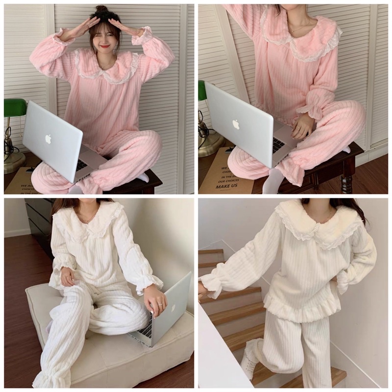 Bộ ngủ lông phong cách bánh bèo, bộ ngủ đáng yêu chất liệu ấm áp mềm mại cute