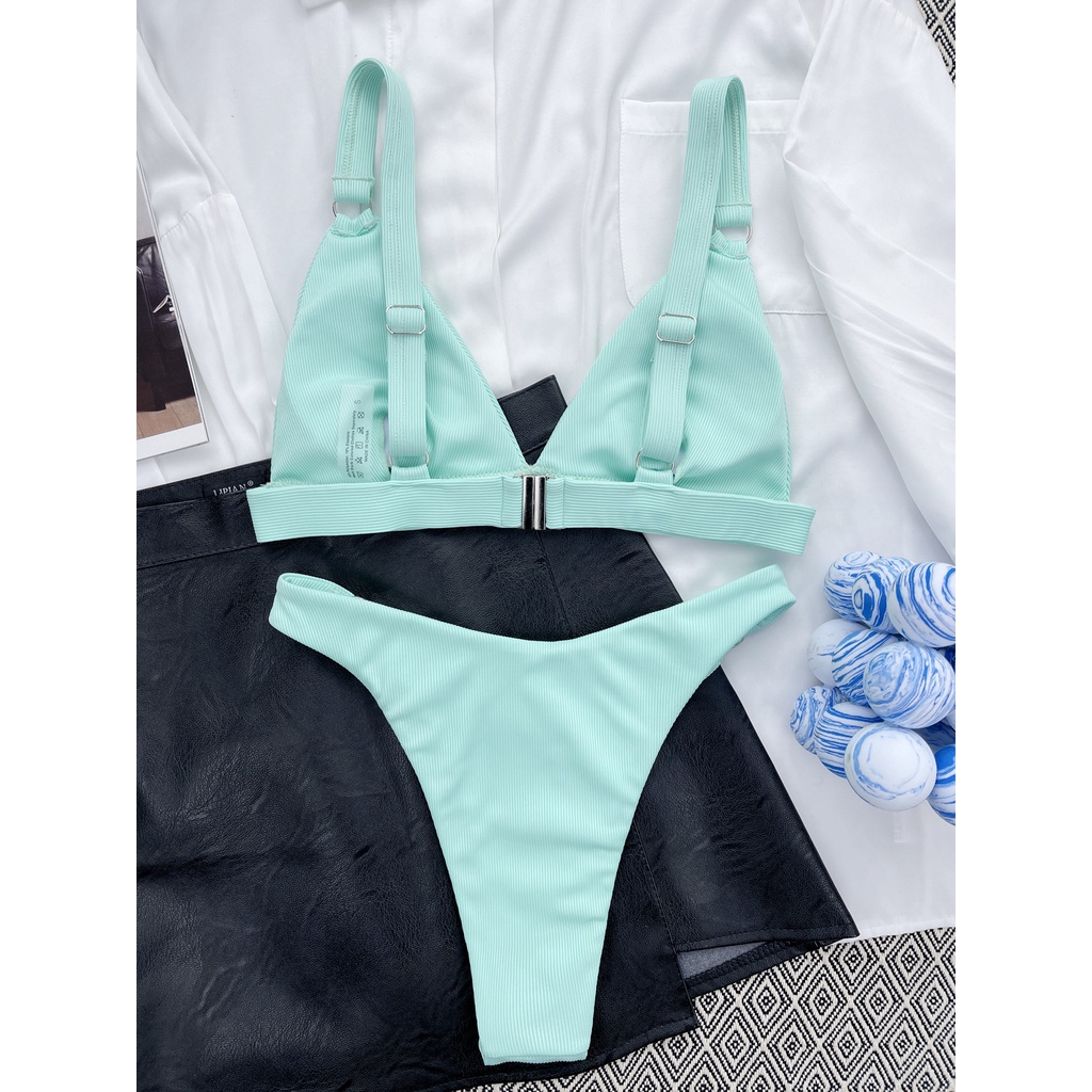 Bộ Bikini Màu Trơn Có Đệm Ngực Kim Loại Màu Sắc Đơn Giản Cho Nữ LG62