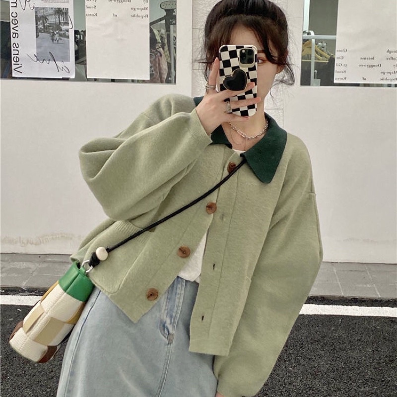 ÁO LEN CARDIGAN CROPTOP CỔ POLO MÀU XANH CÓ BIGSIZE