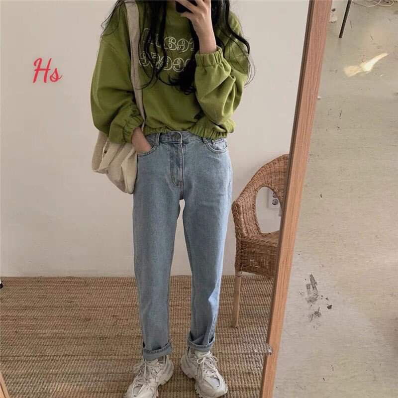 Áo croptop nỉ dài tay dáng thụng grean màu xanh in chữ cá tính, có ảnh và video thật, size s-xl