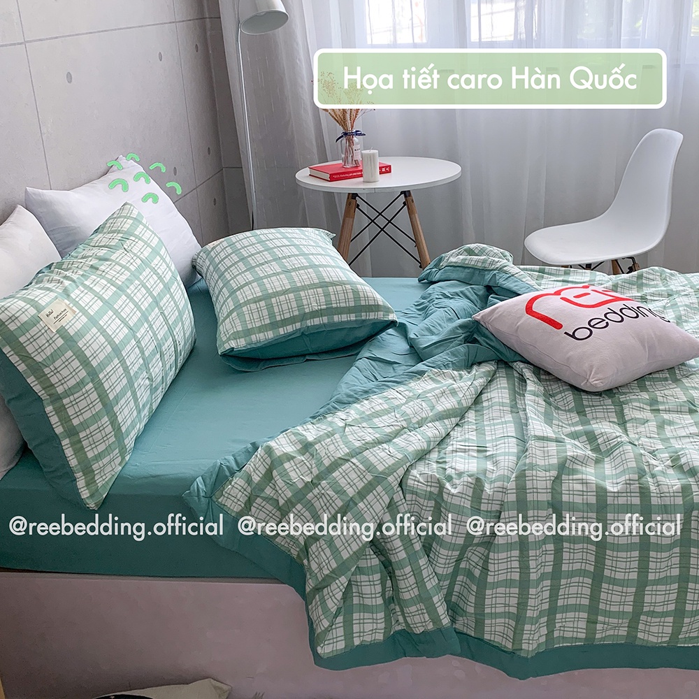 Bộ chăn ga gối Chần Bông Cotton TC REE Bedding caro xanh mint đủ size giường nệm CTC114