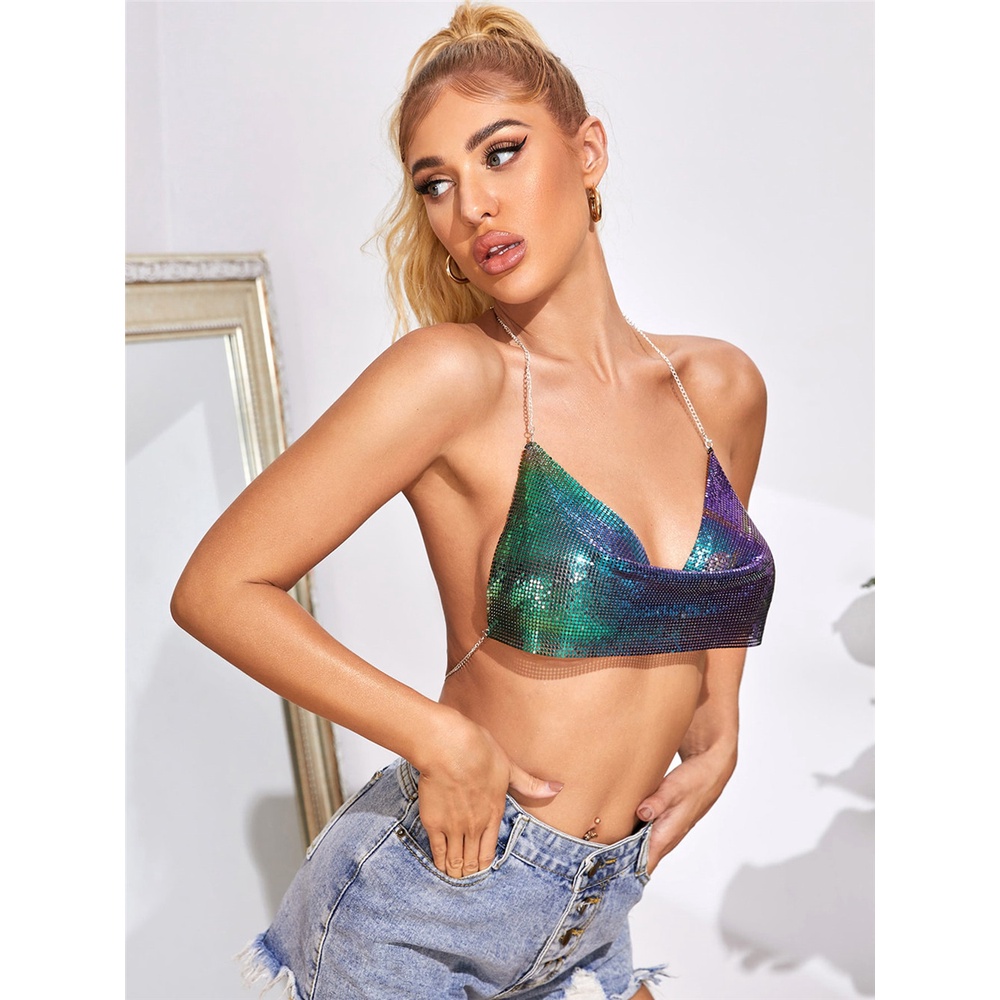 DUNEA Áo kiểu phối dây xích kim loại đính kim sa lấp lánh thời trang quyến rũ dành cho nữ