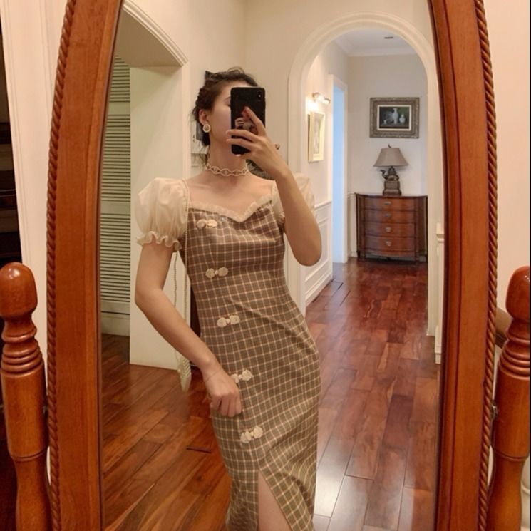 New Snapping up&Retro Slit Skirt Summer New Improved National Style Plaid Cheongsam Tight Waist Straight Mid-Length Dress | BigBuy360 - bigbuy360.vn