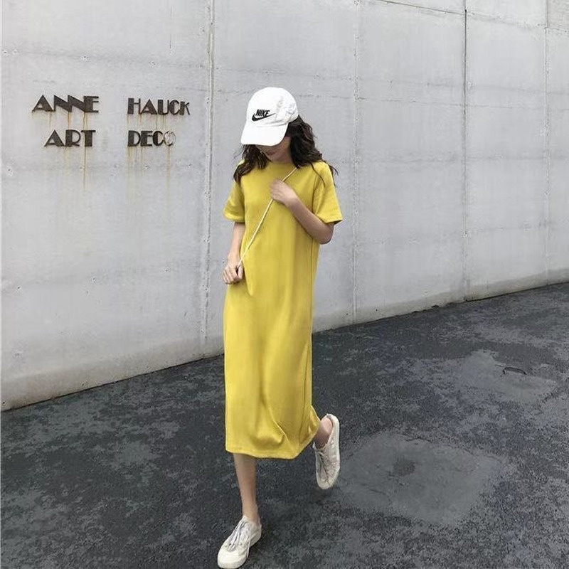 Đầm Tay Ngắn Dáng Rộng Dài Qua Gối Màu Trơn Thời Trang Mùa Hè