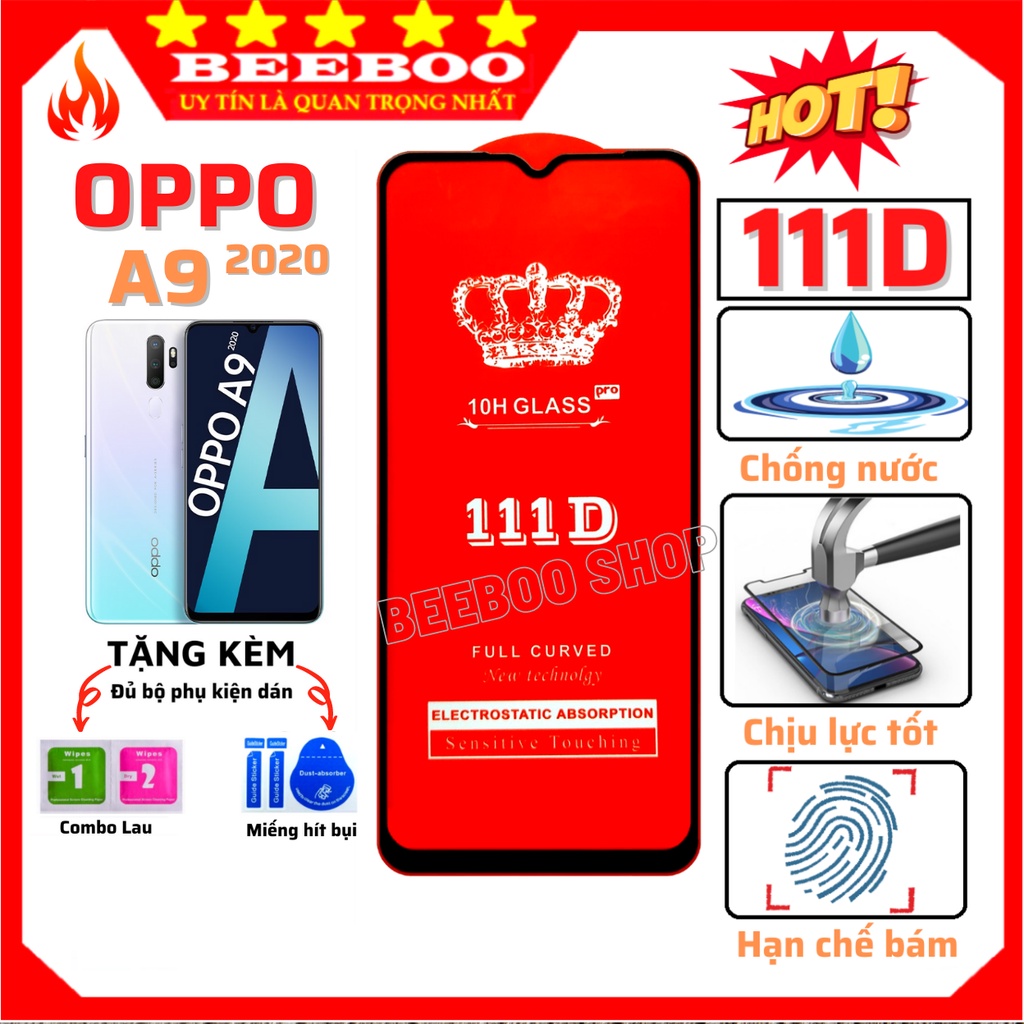 Kính cường lực Oppo A9 (2020) - Cao cấp - Full màn hình 111D và Trong suốt - Độ cứng 10H [FreeShip_50K].