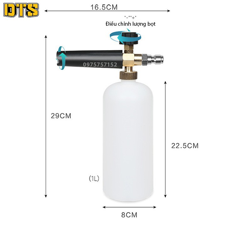 Bình tạo bọt tuyết cao cấp lõi phun bọt bằng đồng 100%, gắn súng phun xịt rửa của máy rửa xe áp lực cao, máy xịt rửa