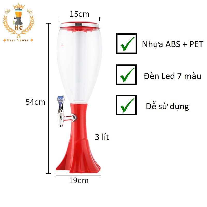 Tháp Bia 3 Lít HC298 Đựng Bia hơi tươi Trà sữa Lõi Đá Giữ Lạnh Đèn Led 7 Màu Có vòi Dùng quán beer, bar, party Mẫu 2021