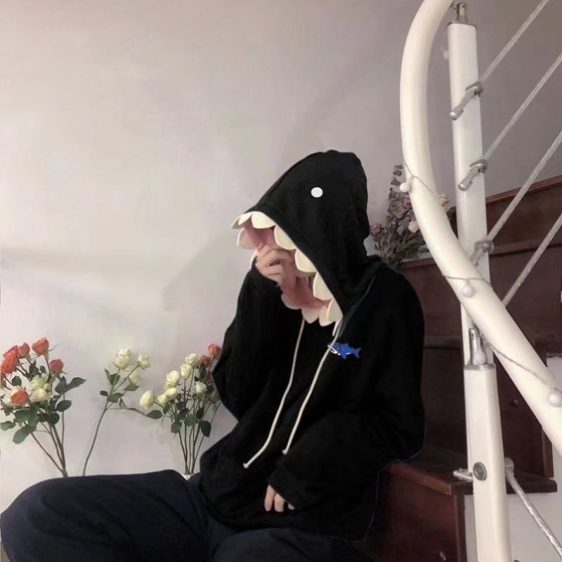 Áo hoodie lót nhung dày in hình cá mập hoạt hình sáng tạo thời trang cho cặp đôi 2021