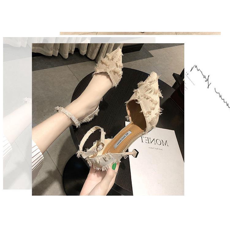 Single Shoes Women's Spring And Summer 2021 New Wild One-Word Buckle High Heels Women's Stiletto Pointed Sexy Lace Fashi