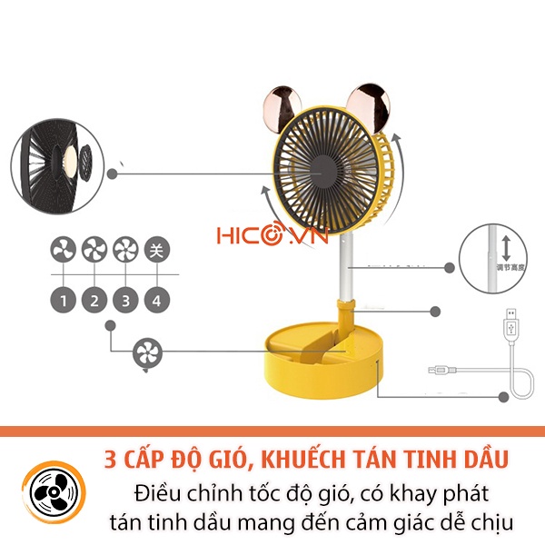 Quạt Sạc Tích Điện Để Bàn Q8 Khuếch Tán Nước Hoa , Tinh Dầu 3 Chế Độ Gió Linh Hoạt - Quạt Gấp Gọn Điều Chỉnh Chiều Cao