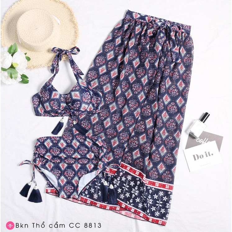 Bikini Thổ cẩm Cao cấp 8813 ❣️[FREESHIP]❣️ Đồ bơi đi biển 3 mảnh kèm choàng, họa tiết tinh tế