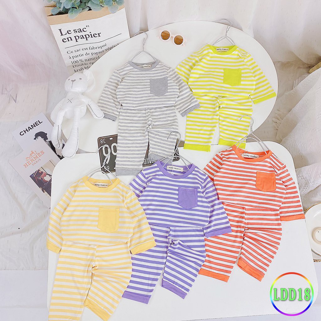 [LDD18] Bộ Dài Tay Thun Lạnh MINKY MOM Sọc Dệt Kẻ Ngang May Túi, Chất Vải Mềm Mịn, Thấm Hút Mồ Hôi, Thoáng Mát Cho Bé