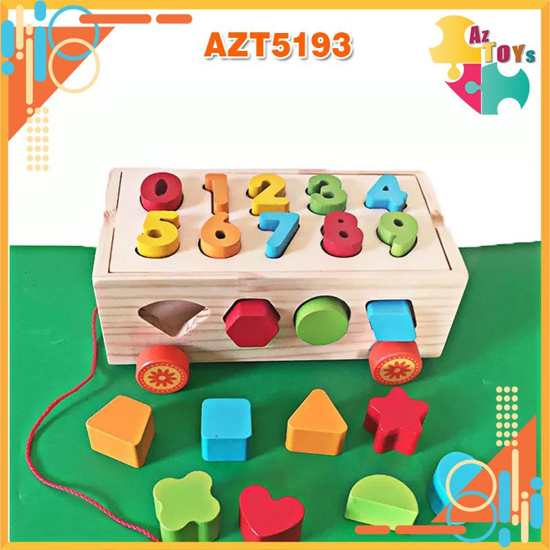 Đồ Chơi Gỗ Xe Kéo Thả Hình Ghép Số Montessori 2 Trong 1 Cho Bé – AZT5193