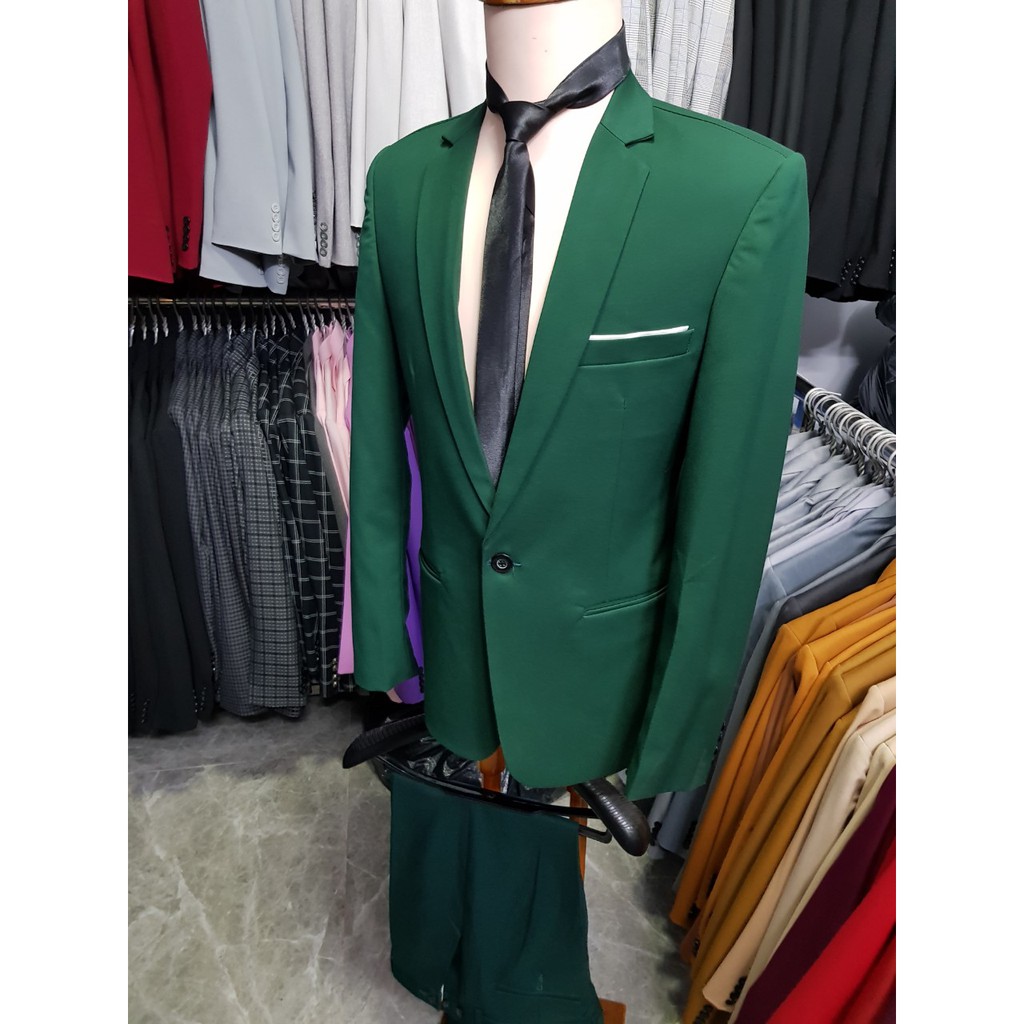 Bộ vest nam form ôm body màu xanh rêu tặng kèm cà vạt nơ