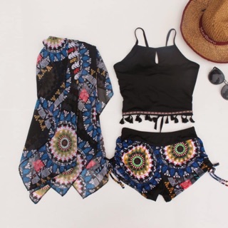 Set bikini 3 chi tiết thổ cẩm xanh