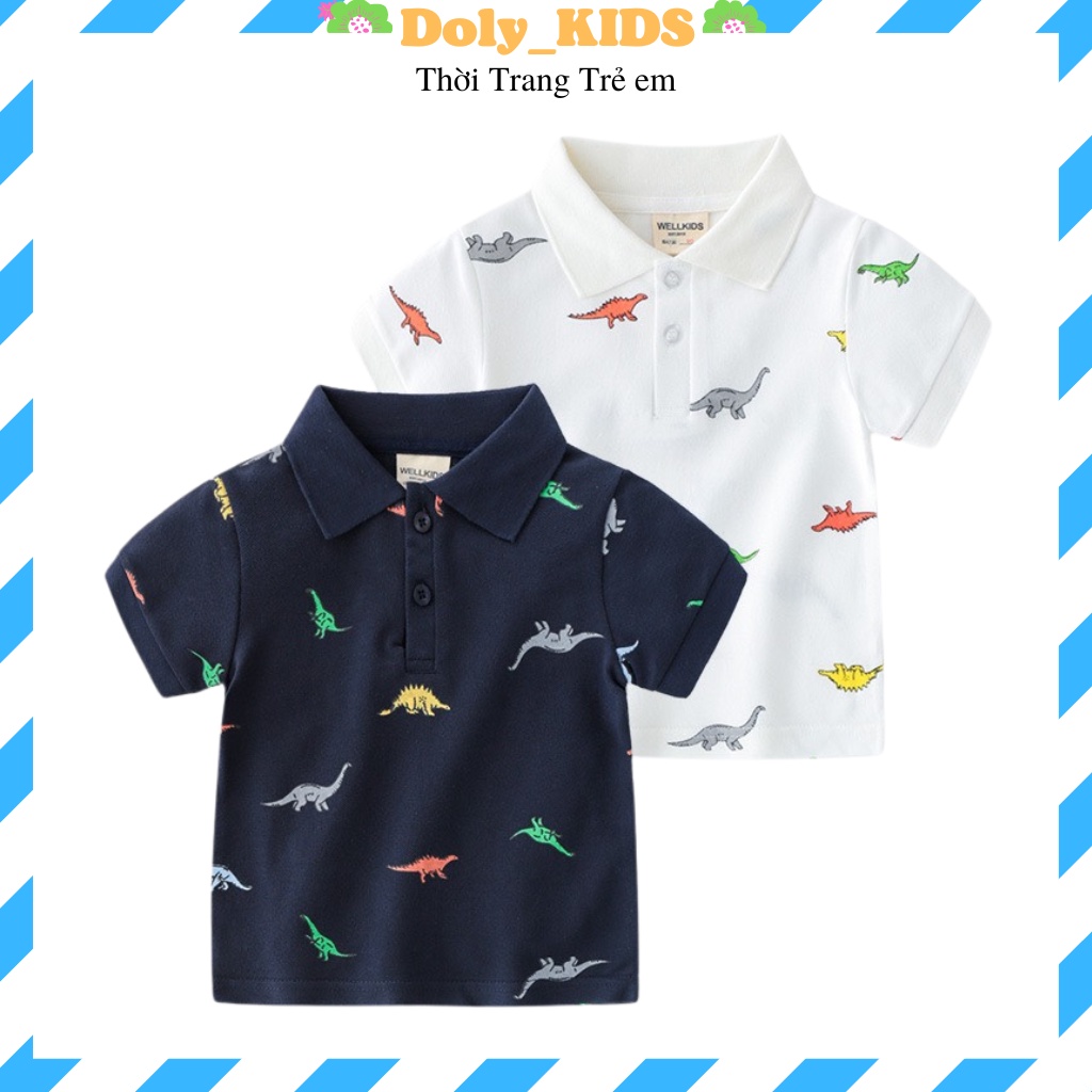 Áo Polo cho bé trai DOLY KIDS, áo phông sơ mi cộc tay bé trai In Hình Khủng Long Chất Cotton cá sấu Cao Cấp từ 7-27kg