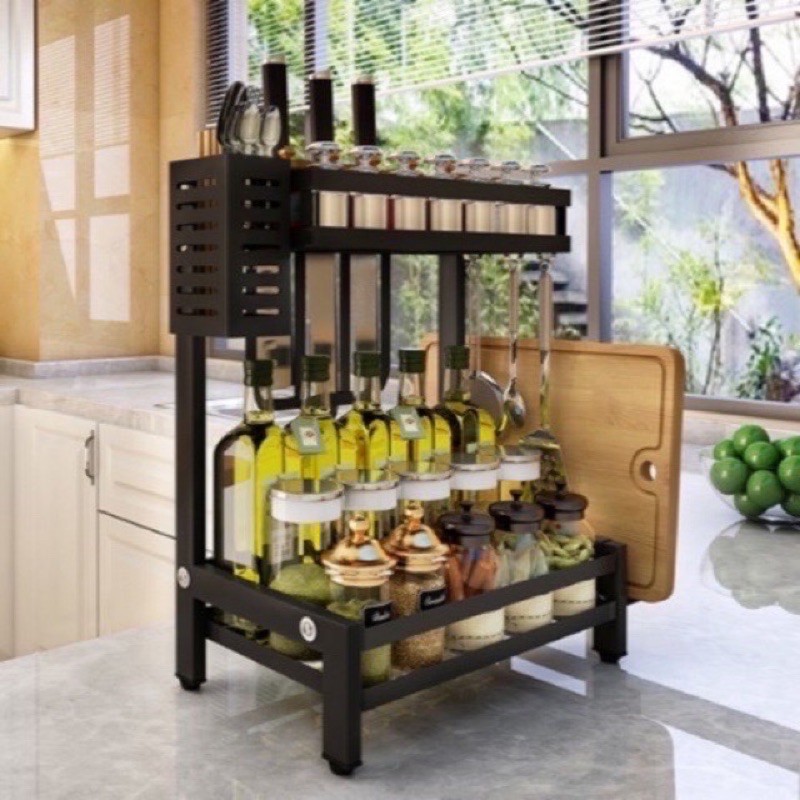 KỆ GIA VỊ 2 tầng LOẠI DÀY đủ móc treo, giá dao thớt và ống đũa, chất liệu THÉP KHÔNG RỈ SƠN TINH  ĐIỆN 5 lớp dày XỊN