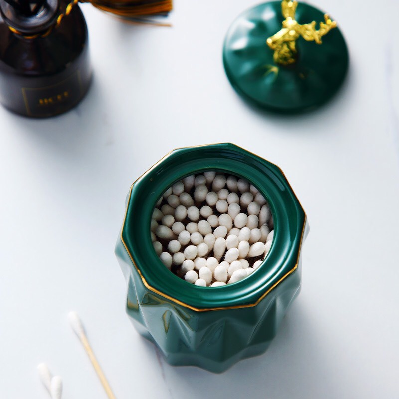 Hũ/ Lọ đựng tăm, hũ đựng tăm bông gốm sứ cao cấp hình đầu hươu phong cách Bắc Âu màu xanh, trắng