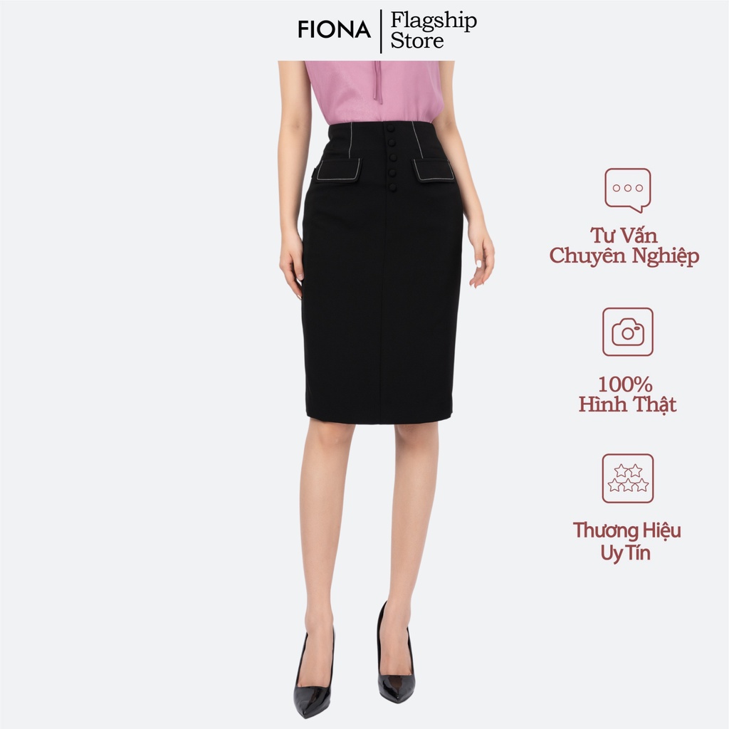 Chân váy dáng ôm công sở FIONA, chân váy cạp cao, diễu chỉ trang trí nắp túi màu đen F251563
